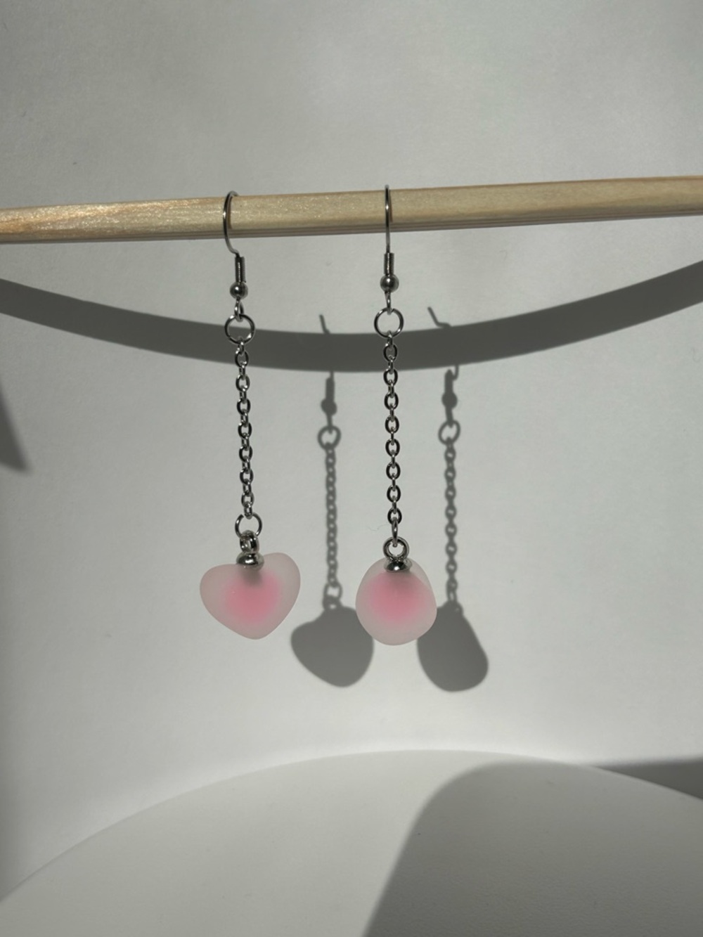 Pink Heart Dangle Earrings with Silver Chain